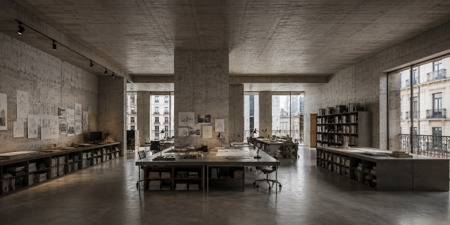 Interior del estudio de Clara Roig, mesas de trabajo y paredes de hormigón con vistas a Barcelona