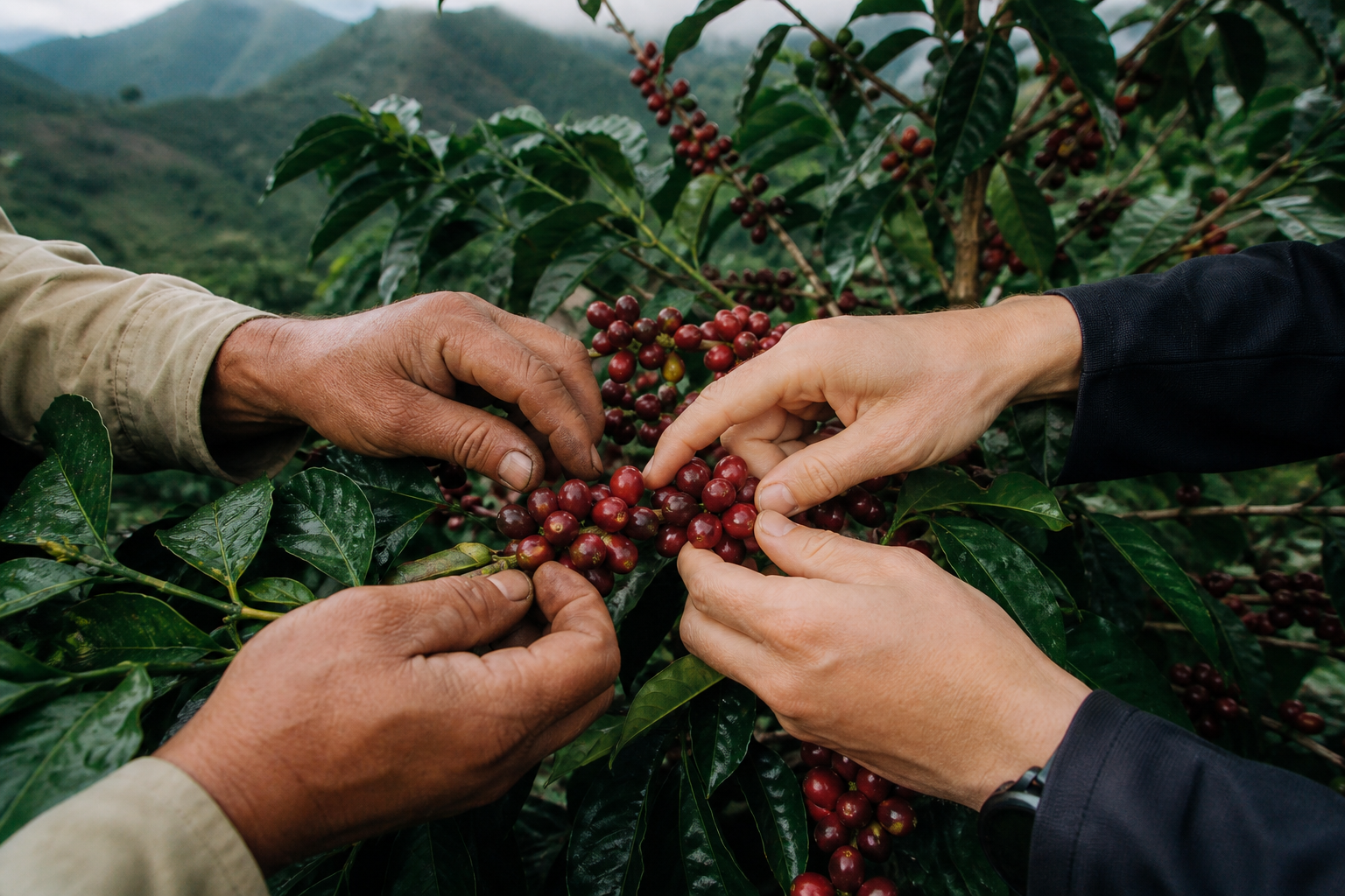 Dos personas seleccionando cerezas maduras en una planta de café en Huila