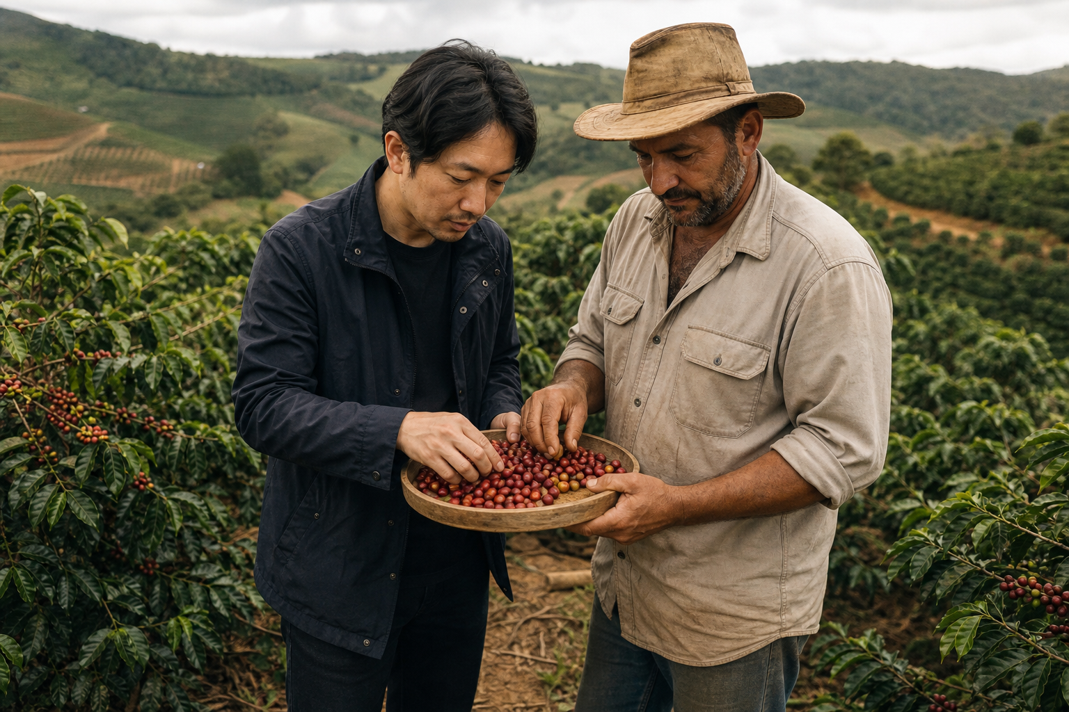 Kenji y un productor de Minas Gerais seleccionando cerezas de café