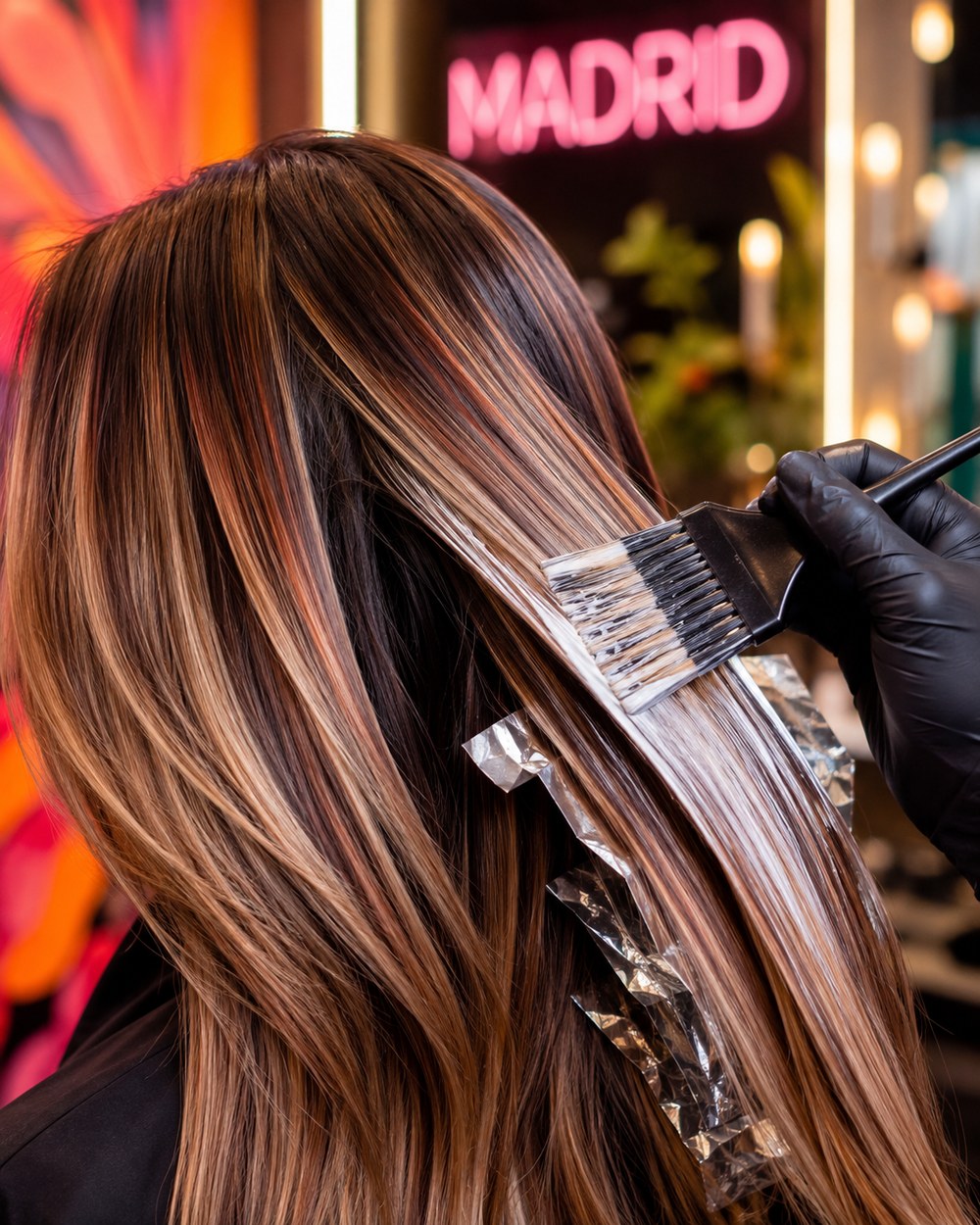 Balayage aplicado con papel de aluminio, color cobrizo con dimensión