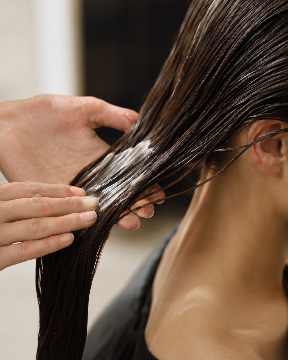 Aplicación de mascarilla capilar a mano sobre cabello húmedo